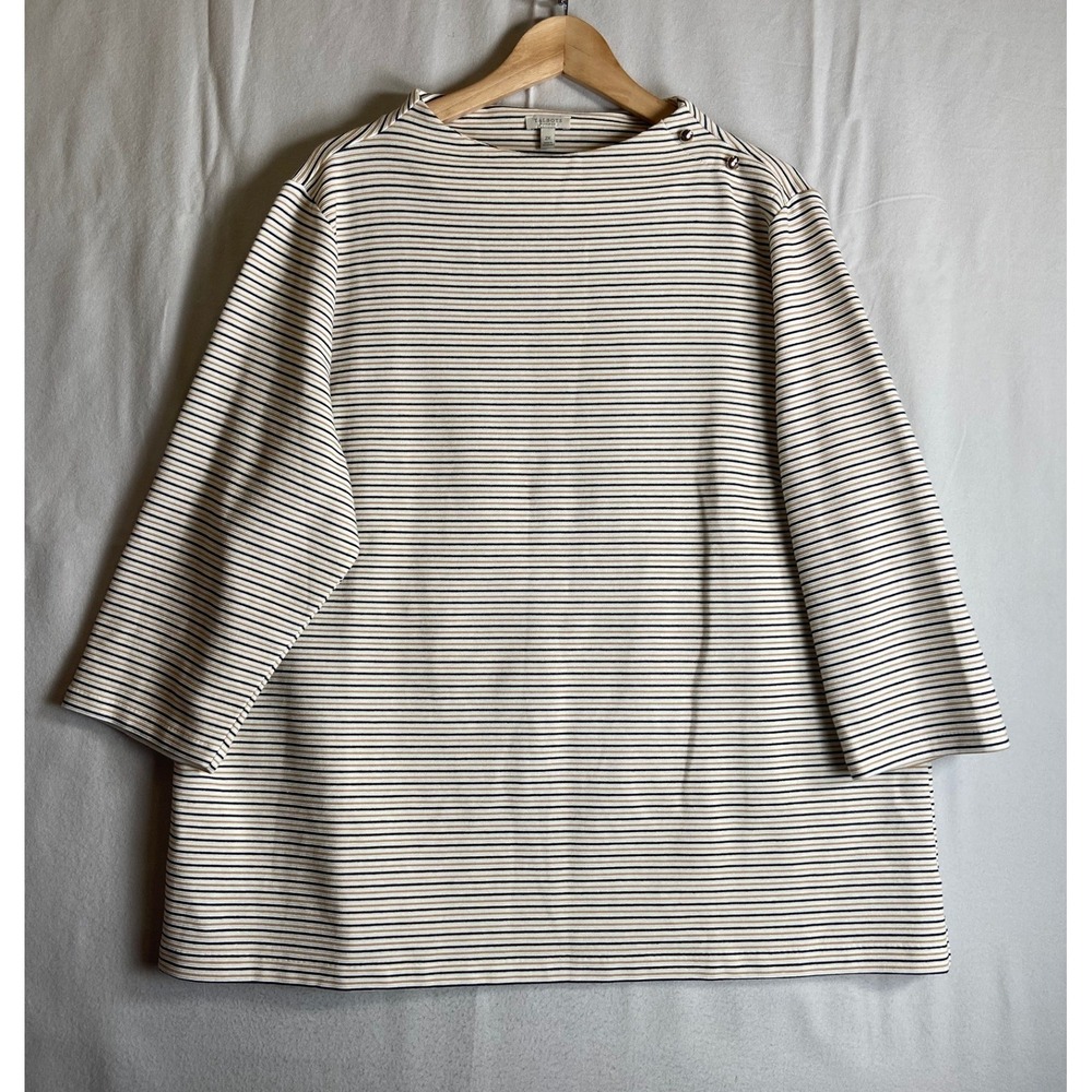 Talbots Plus Striped Ribbed Knit Top 2X Black Tan White Gold Button Shoulder